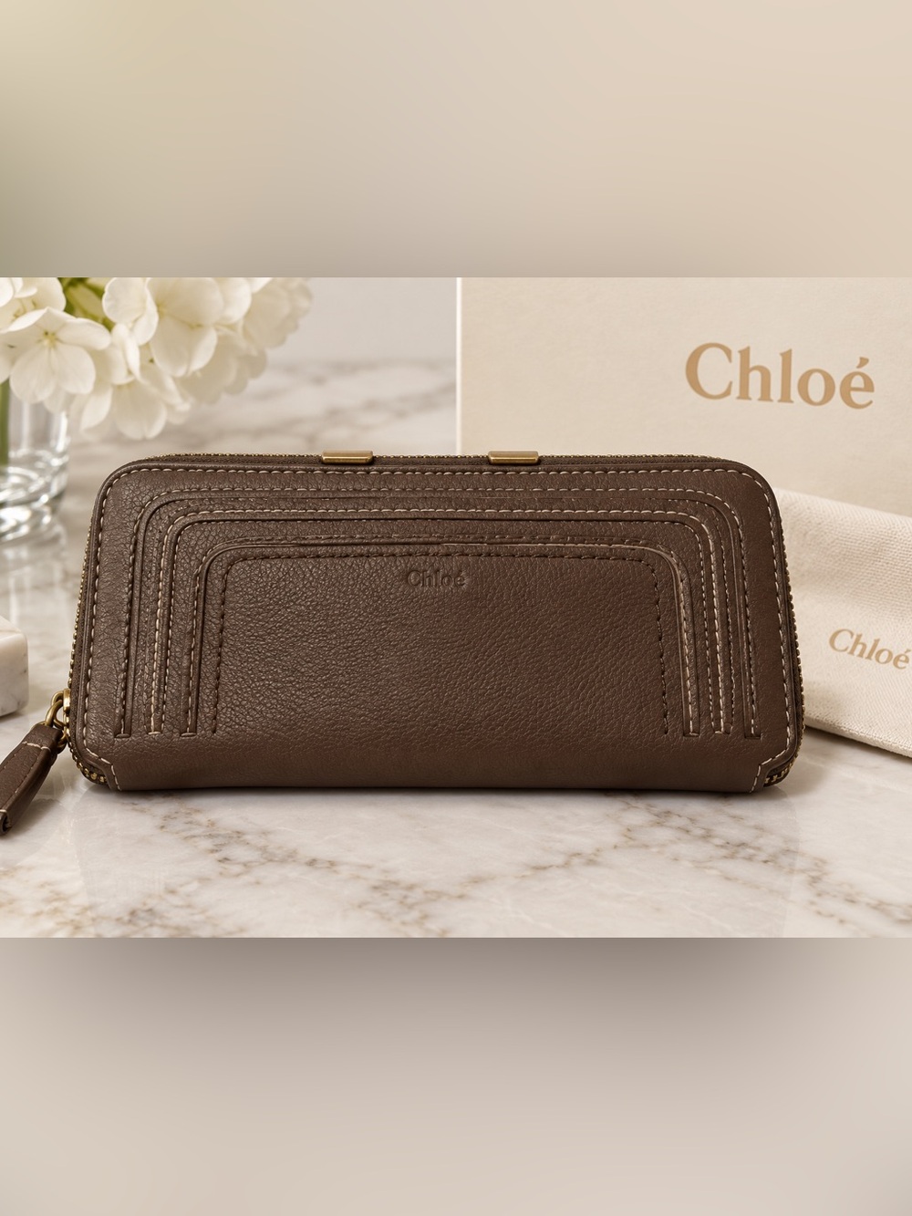 Chloé Marcie Brown Leather Zip Around Continental Wallet – Authentic